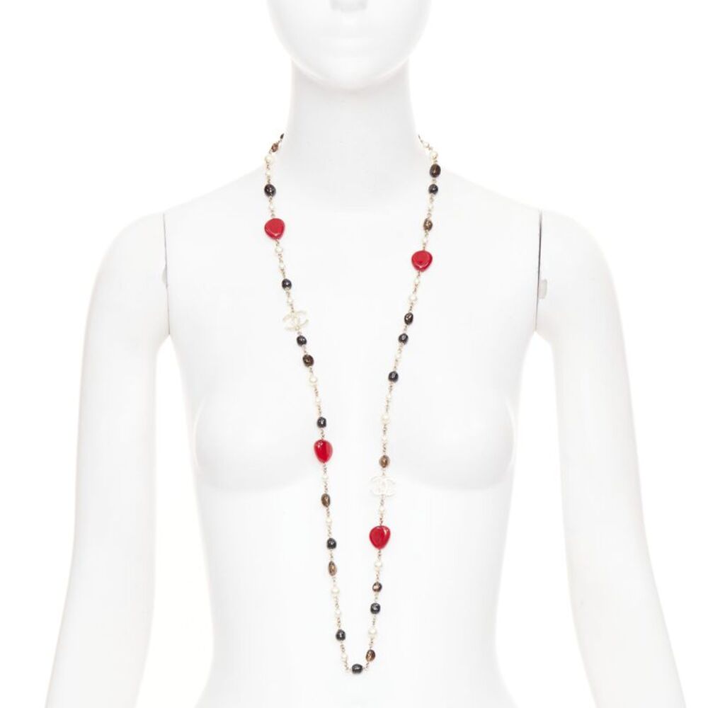 Chanel red black resin faux pearl CC station chain necklace